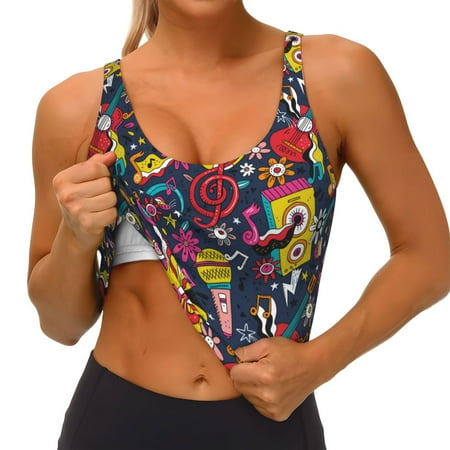 Qokaie Rock Music Pattern Womens Scoop Neck Sports Bra Breathable Workout Vest Padded U Back Medium Impact Fitness Gym Yoga Bra Workout Crop Top