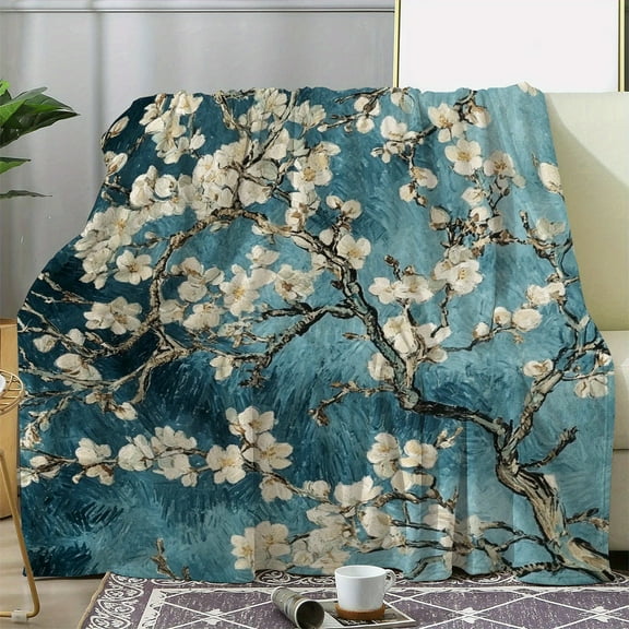 Durable Warmth, Luxurious Flannel Blanket with Elegant White Plum Blossom Design on Blue - Soft, Warm, and Comfortable for Sofa, Bed, Car, Office, Camping, Travel