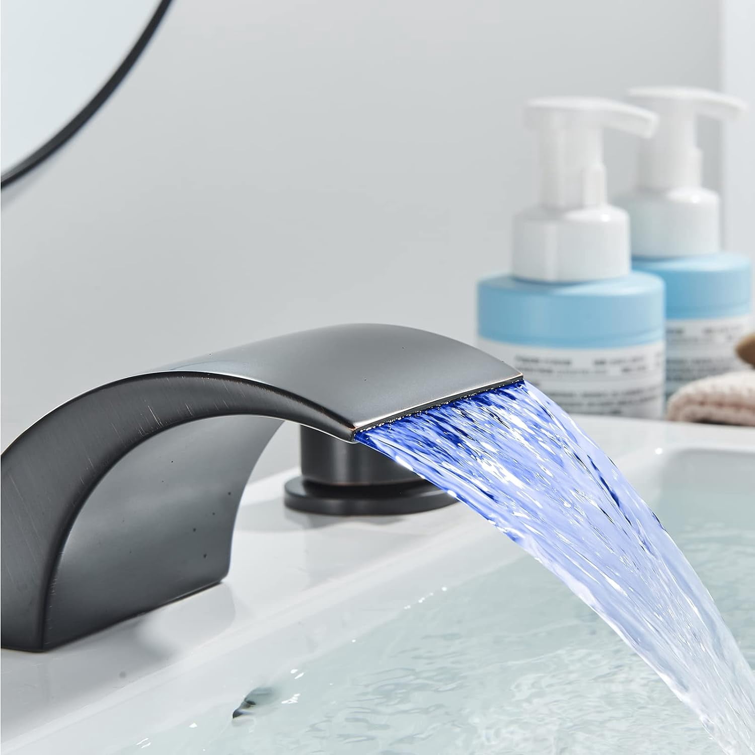 Zovajonia 3 Hole Bathroom Faucet Dual Crystal Knobs Vanity Basin LED Sink Faucet Mixer Bronze Bath Faucets ,Widespread bathroom faucets for sink 3 hole Waterfall Tub Faucet Oil Rubbed Bronze