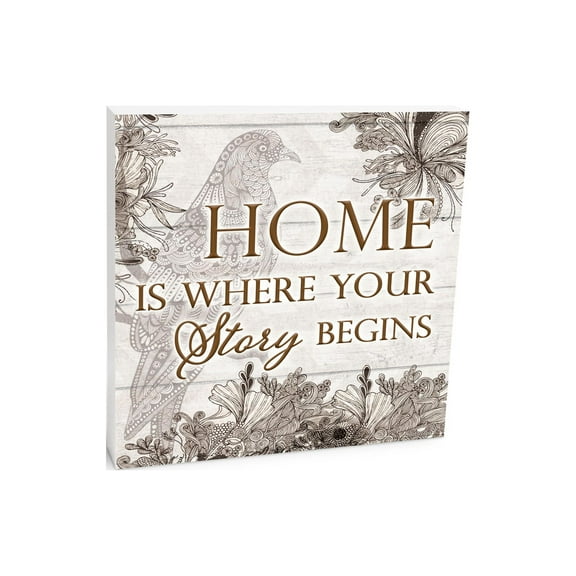 Home Where Story Begins Brown Bird Sketch 10 x 10 Wood Tabletop Sign Plaque