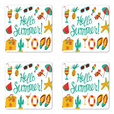 

Hello Summer Coaster Set of 4 Summer Objects Starfish Watermelon Pineapple Cactus with Colorful Wording Square Hardboard Gloss Coasters Standard Size Multicolor by Ambesonne