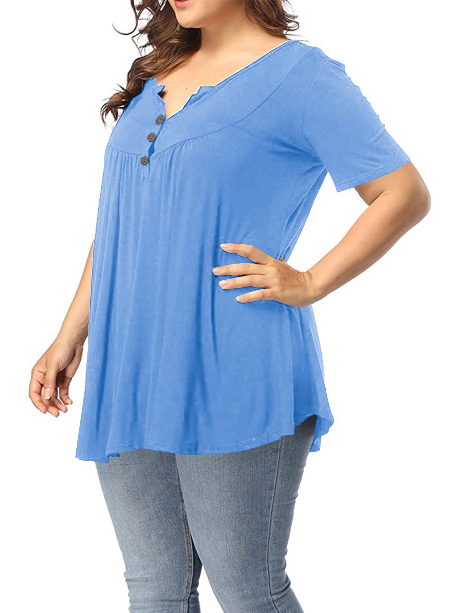 Gboomo Women's Plus Size Henley Shirts Button Up Plus Size Blouses Short Sleeve Pleated Tunic Tops 