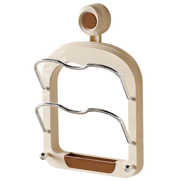 Wall Mounted 2-Tier Pot Lid Holder with Suction Hook, Stainless Steel & Plastic Space-Saving Organizer for Lids, Utensils, Cutting Boards, Brown