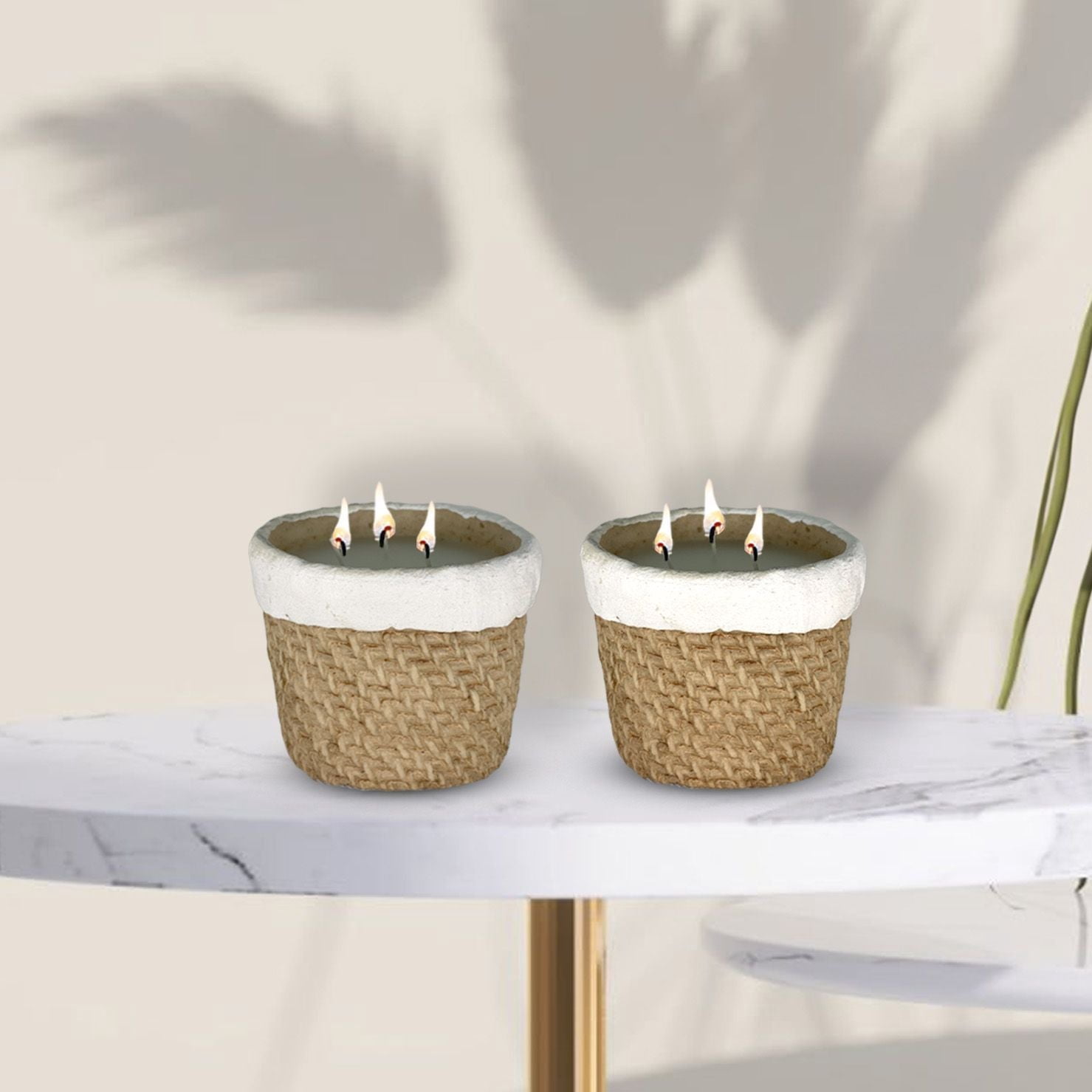 Aria Home Modern Ceramic Candle Jars Basket Style 16 oz Set of 2 Unscented, Light Brown