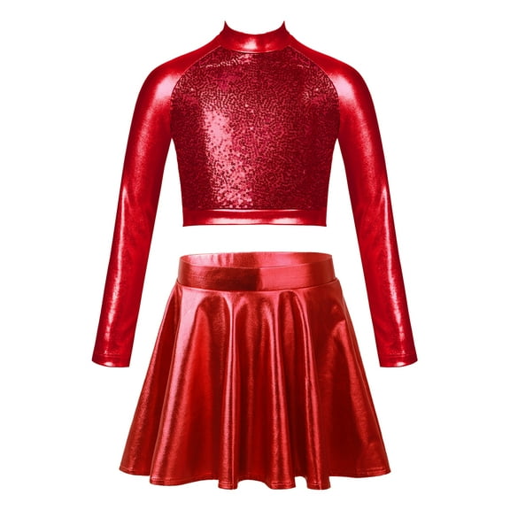 YiZYiF Kids Girls 2Pcs Shiny Latin Jazz Dance Set Metallic Sequins Crop Top with Skirt Cheer Leader Dance Outfit Red 6