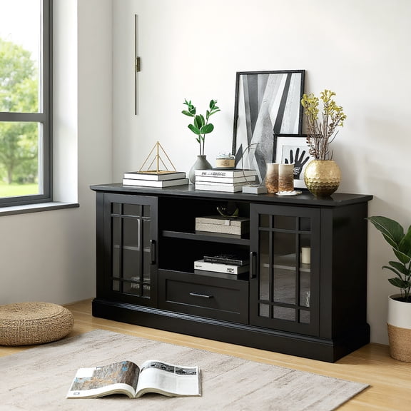 Resenkos TV Stand for TVs up to 70 with Glass Doors Cubbies and Drawer-Black, Mid Century Modern TV Stand for Living Room Bedroom