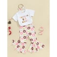 thumbnail image 3 of FEORJGP Toddler Baby Girl Summer Outfits 1-4Y Short Sleeve T-Shirt Crew Neck Shirt Cartoon Letter Print Tops + Doughnut Print Flare Pants + Headband Set Loose Casual 3Pcs Clothes, 3 of 9