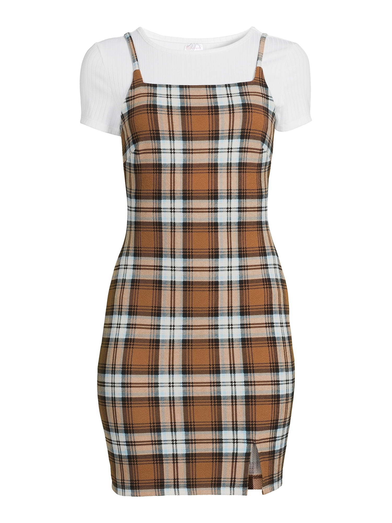 No Boundaries Juniors' Plaid Dress and Ribbed T-Shirt, 2-Piece Set