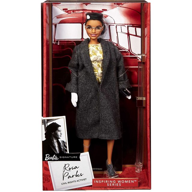 rosa parks barbie serie de mujeres inspiradoras muñeca firma activista de los derechos civiles accesorios de moda modelo de colección de acción de anime muñeca articulada 1/12 con abrigo oscuro gris, vestido floral amarillo, guantes blancos, sombrero pastillero y anteojos, en caja con fondo de autobús y certificado de autenticidad.