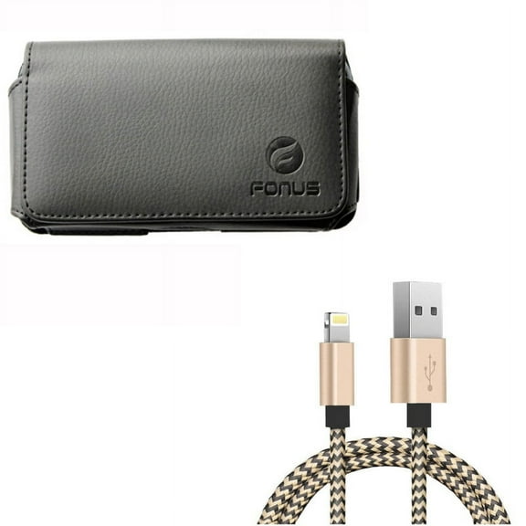 USB Cable w Case Belt Clip for iPhone 8/7/6S/6 - 3ft Charger Cord Power Wire, Leather Swivel Holster Loops Cover for iPhone 8/7/6S/6 Models