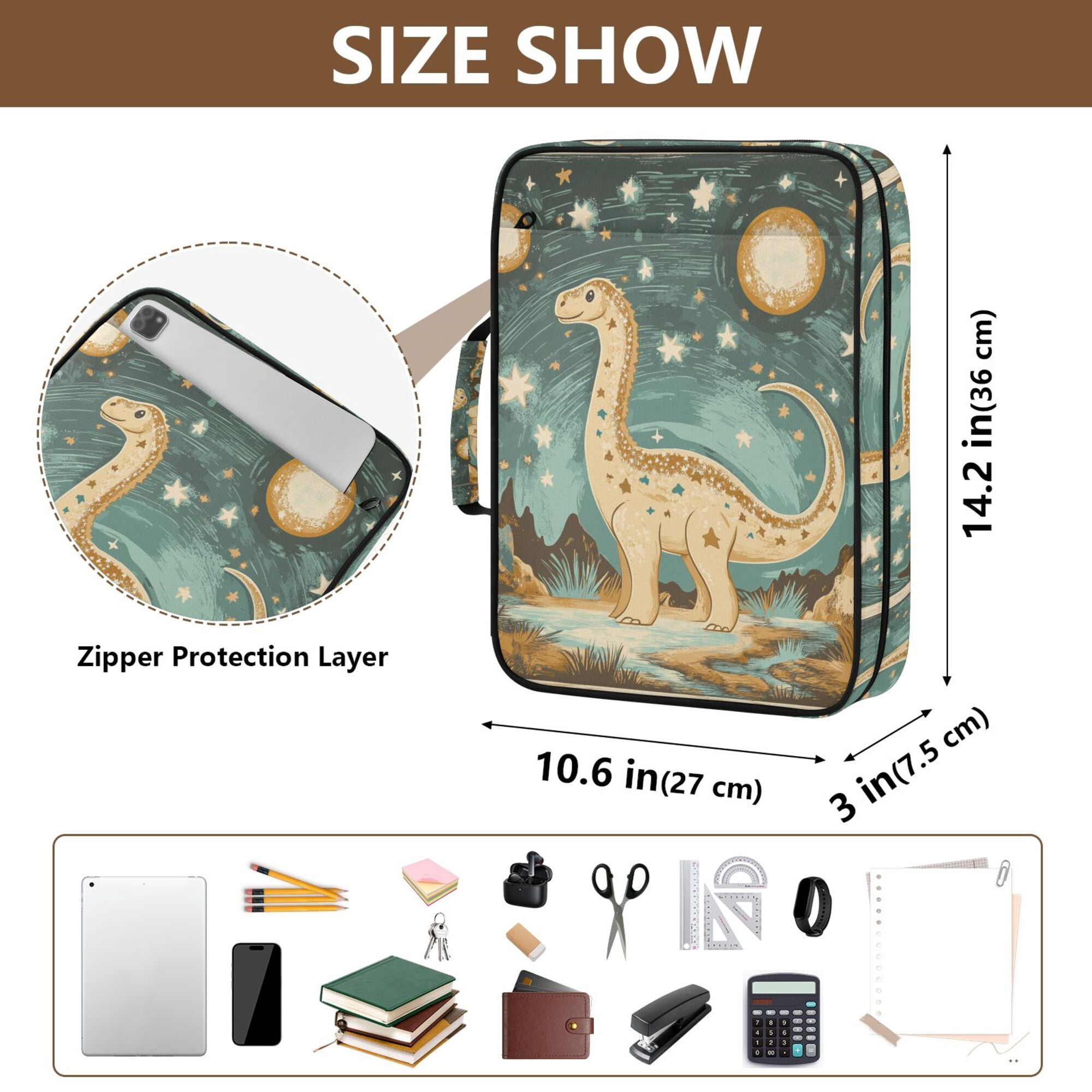 FORMRS Accordion File Folder A4 Size 7-Pocket Expanding Document Organizer Bag with 3 Ring Binder, Dinosaur with Stars