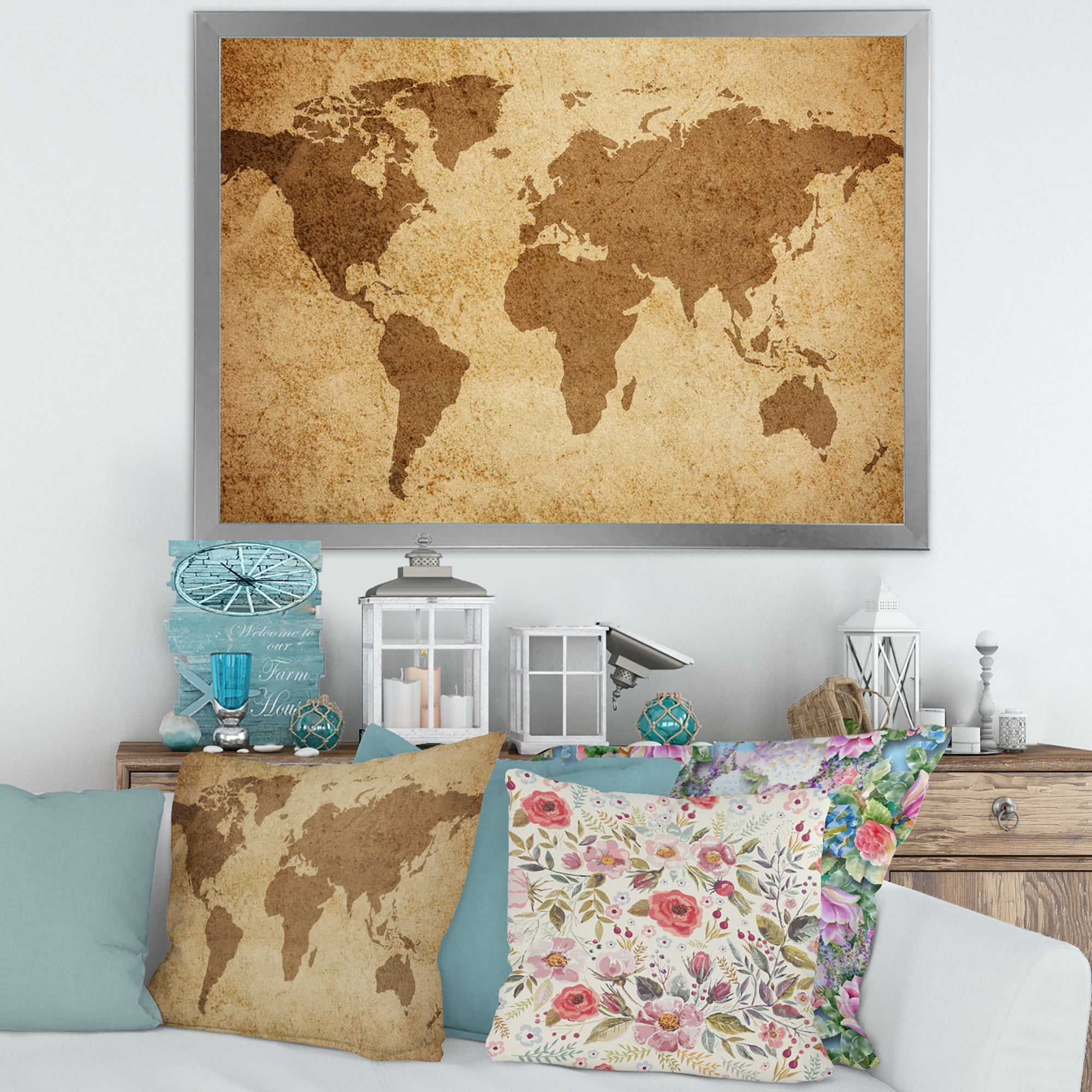Designart 'Ancient World Map V' Vintage Framed Art Print