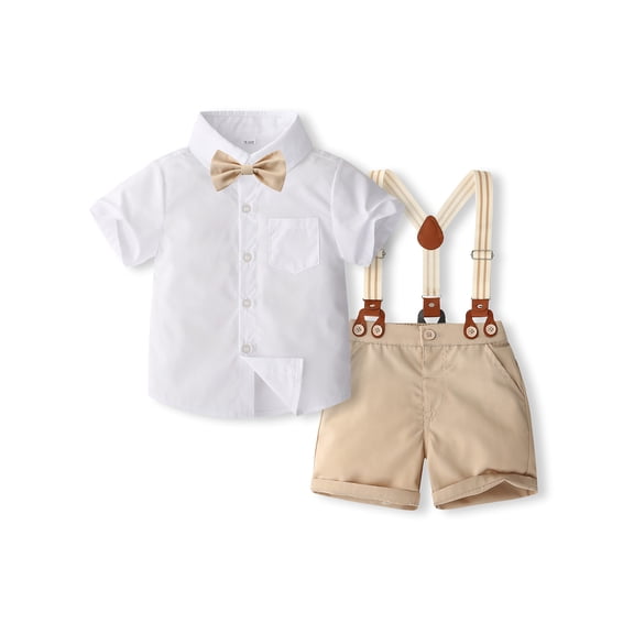 Douhoow Summer Gentleman Outfits for Toddler Boys Short Sleeve Bowtie White Shirt Suspender Shorts 1 2 3 4 5 Years Kid Boy Elegant Suits