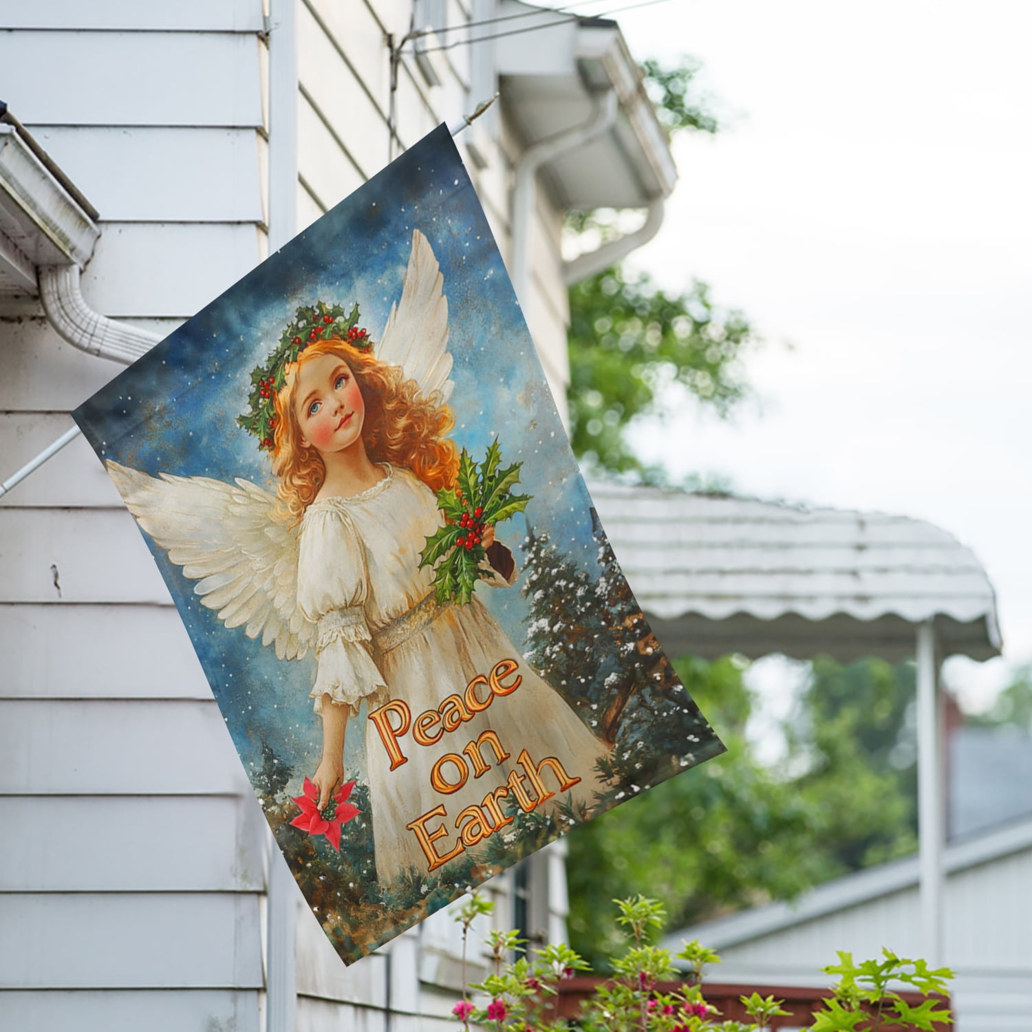 America Forever Angel Peace House Flag, 28 x 40 inch Double Sided, Christmas Religious Banner, Peace on Earth Holly Outdoor Decor, Spiritual Holiday Outside Decorations Yard Flag