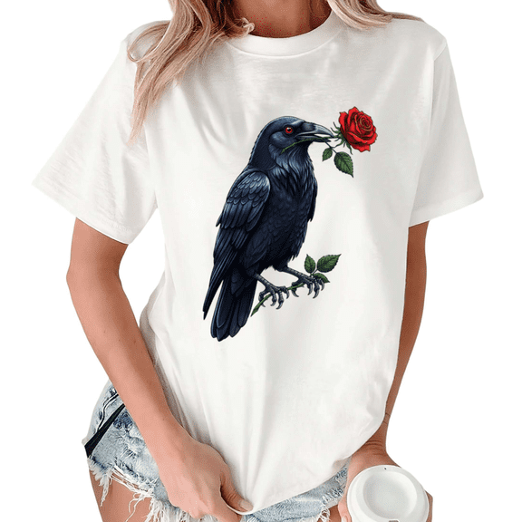 White Streetwear Dark Academia Print Tshirt Graphic Tees Shirts Crow Rose Modern Wear S-5XL Tops