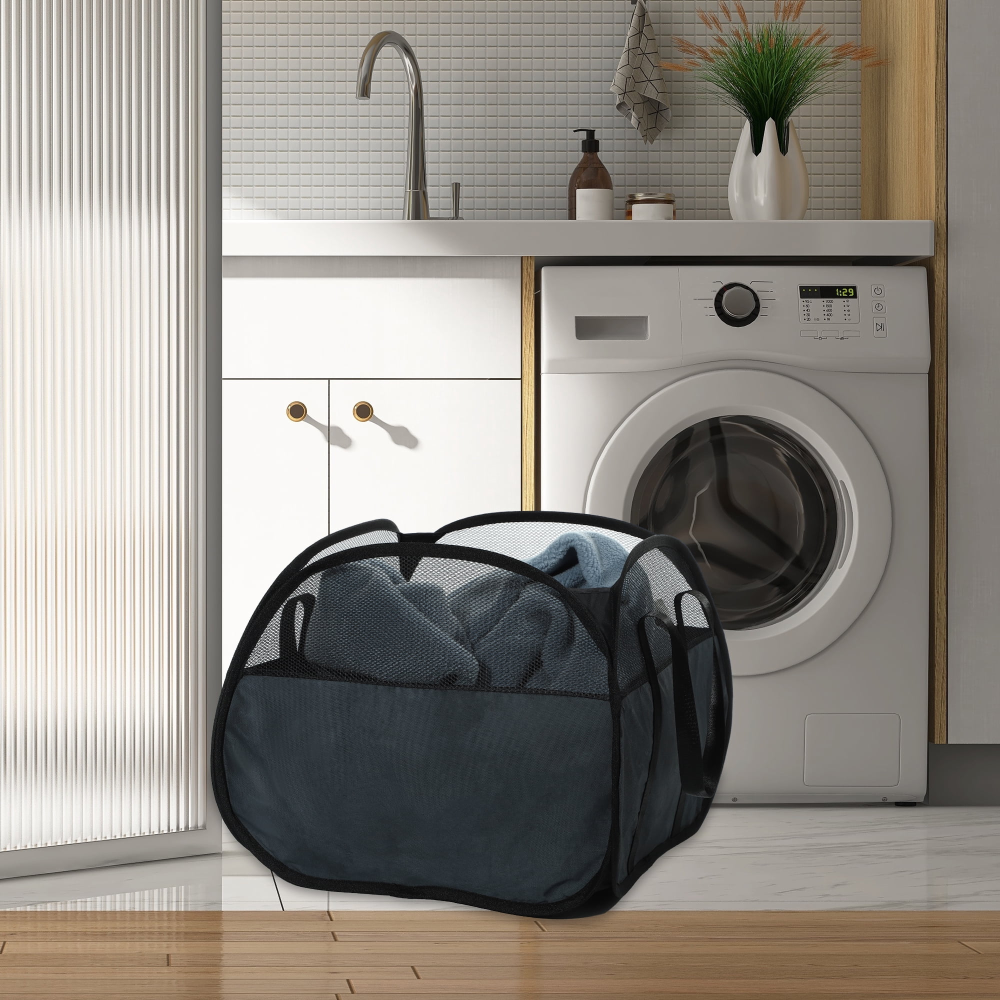 Unique Bargains Folding Breathable Hamper Basket for Bathroom 1 Pc Black