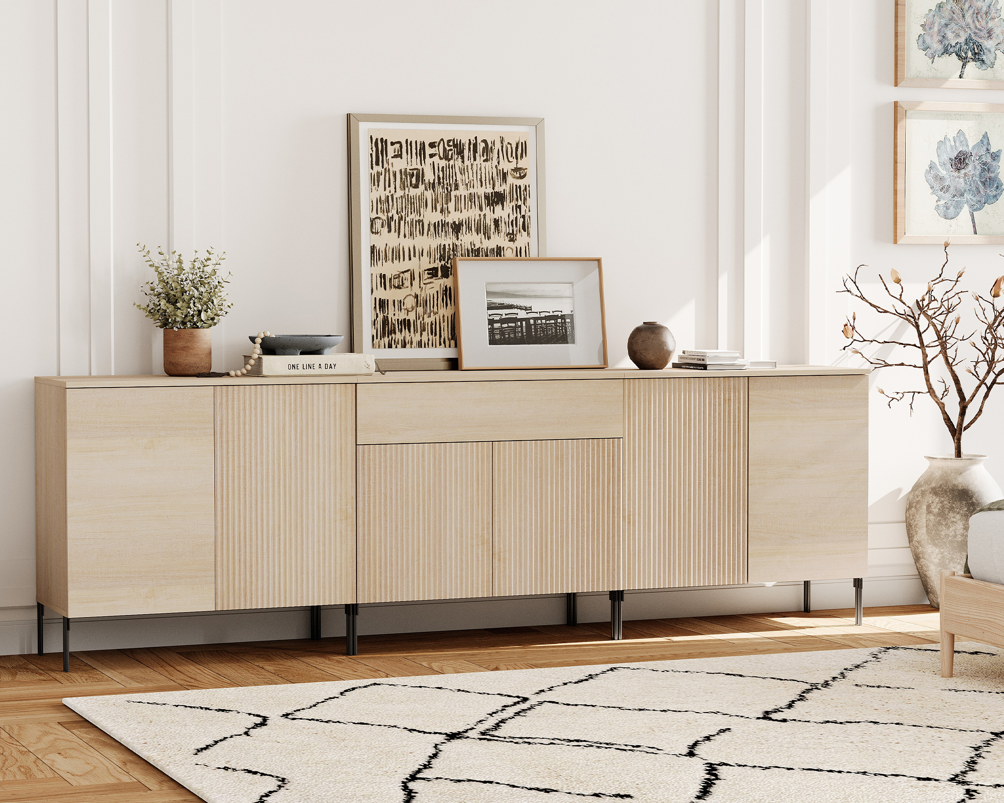 94.5" Modern Reeded Drawer Dresser Set with Doors for Bedroom, Minimalist Chest of Drawers with Storage, Wooden Dresser for Living Room, Bedroom, Entryway