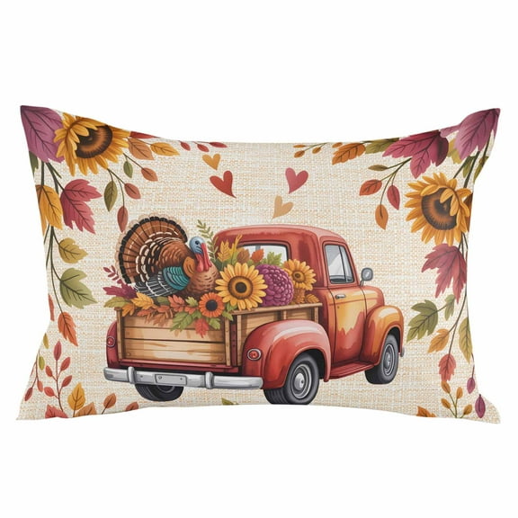 Fall Red Truck Throw Pillow Cover 20 x 36 Inch Decorative Pillow Cover Thanksgiving Sunflower Turkey Maple Leaf Linen Lumbar Pillowcase Seasonal Rectangle Cushion Case for Couch Sofa Bed Living Room