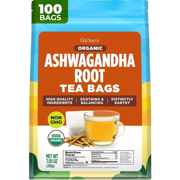 Gya Tea Co Ashwagandha Root Tea Bags (100 Bags) - Caffeine-Free Herbal Tea With Adaptogens For Calm & Wellness - Promotes Relaxation, Pure Ingredients