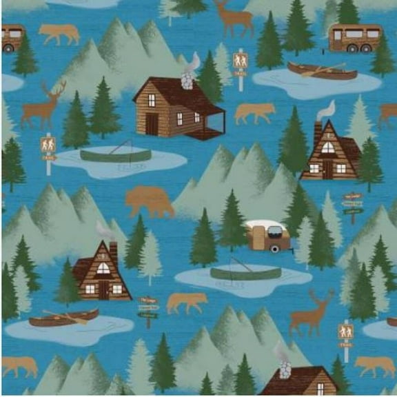 Moose Creek Lodge At the Cabin Blue Cotton Fabric (Yard)