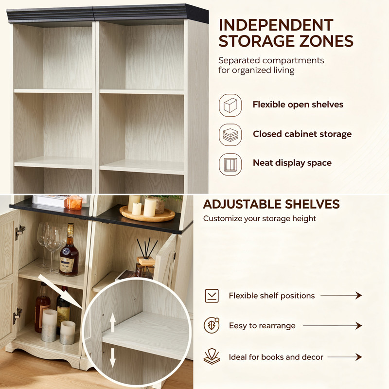 Farmhouse Storage Cabinet with Barn Door & Adjustable Shelf, Wood Bookcase for Home Office, Bookshelf with Open Display Cubbies