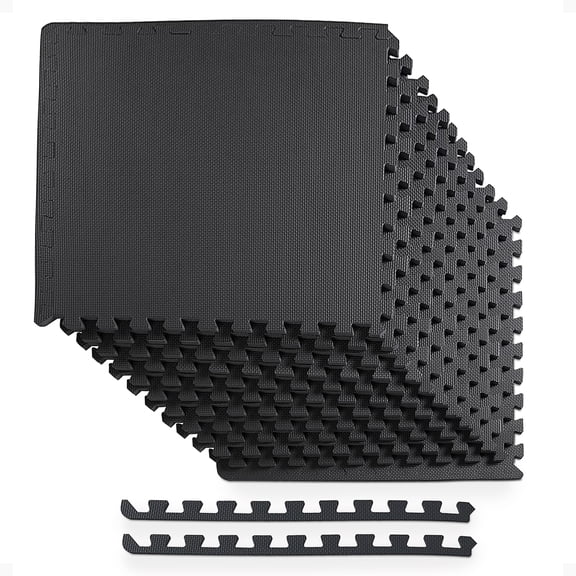 BalanceFrom 12-Pack 24”x24” Interlocking Foam Puzzle Exercise Mat, 1/2” Thick, Black