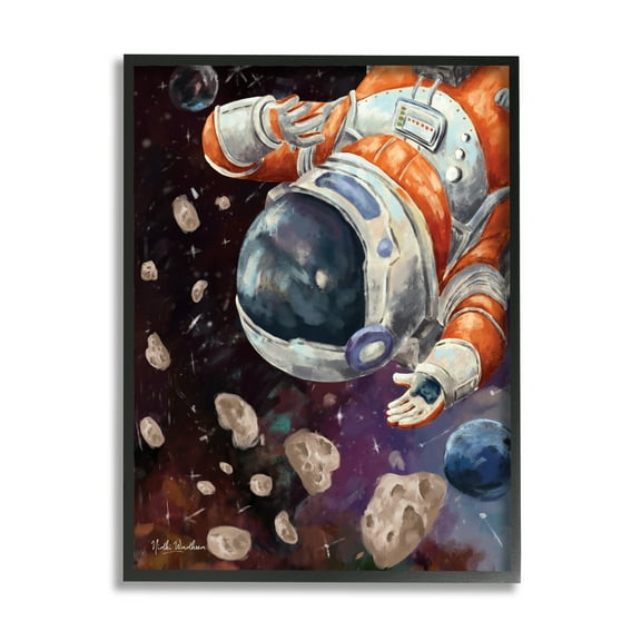 Stupell Industries Astronaut & Space Asteroids Art for Kids Painting Black Framed Art Print Wall Art, 11 x 14
