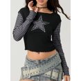 thumbnail image 5 of LMLYSoH Women T-shirt Long Sleeve Crew Neck Star Stripes Slim Fit Ladies Tops for Casual Daily, 5 of 9