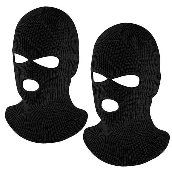 Ponpon 3 Hole Full Face Ski Mask, 2Pcs Unisex Knitted Face Neck Warm Mask Balaclava, Winter Outdoor Sports Windproof Beanie Hat Cover Cap for Men and Women, Black