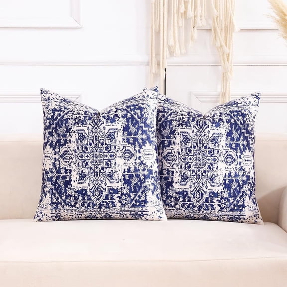 Navy Blue and White Farmhouse Decorative Throw Pillow Covers 18x18 Set of 2 Blue Boho Velvet Decorative Pillows 18 x 18 Soft Boho Room Decor for Couch Sofa and Bed