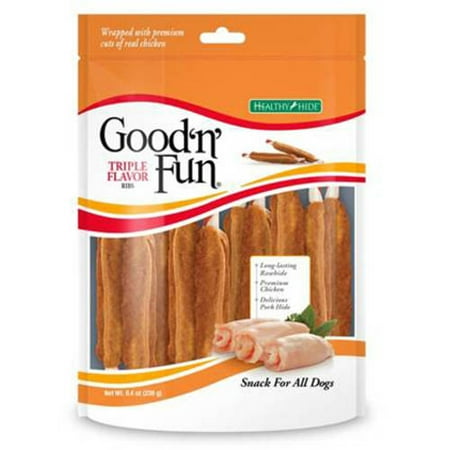 Good'n'Fun Triple Flavor Rawhide Ribs for Dogs, 8.4