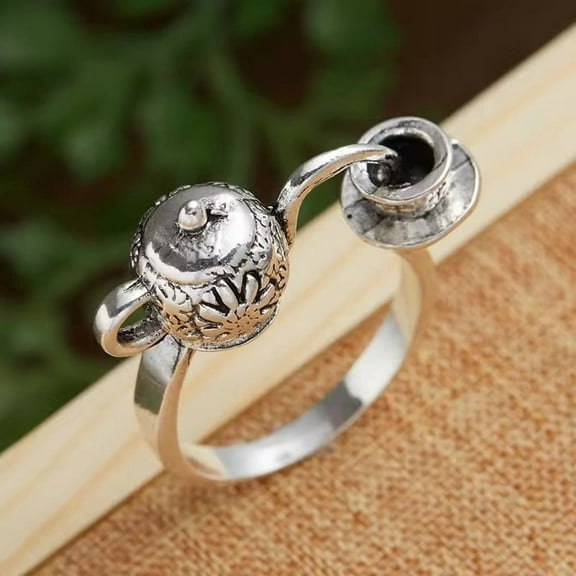 Teapot & Teacup Alloy Finger Rings for Unisex Silver 11.3x21mm Inner Diameter: 17mm