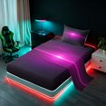 thumbnail image 2 of Manfei Gradient Horizontal Line Twin Sheets, Glowing Neon Light Bedding, Purple and Black, Black Reversible 3-Piece1 Flat Sheet + 1 Fitted Sheet + 1 Pillowcase, 2 of 6