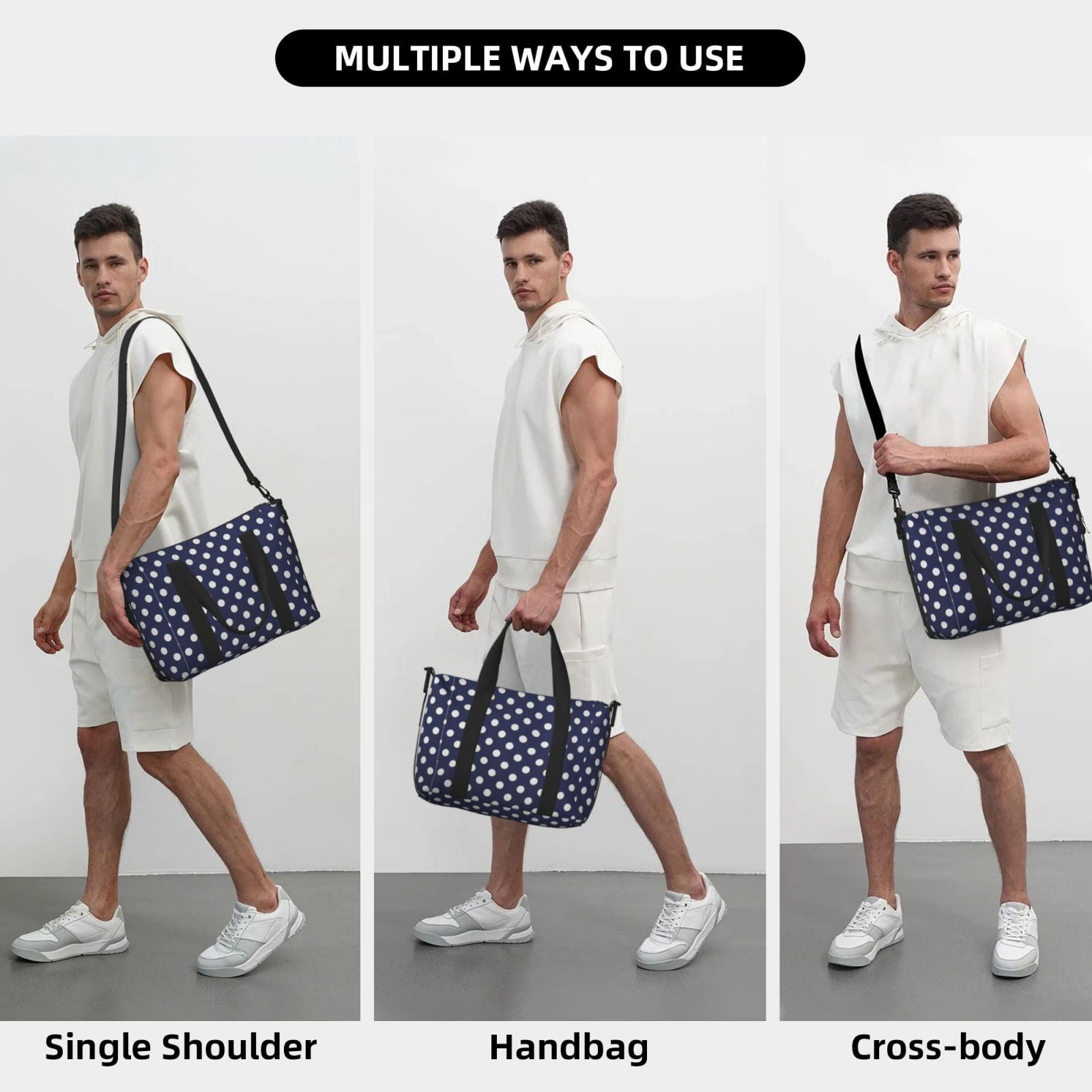 Travel Duffel Bag Polka Dot Navy Pattern Sports Tote Gym Carry On Bag Overnight Crossbody Bag For Women Men
