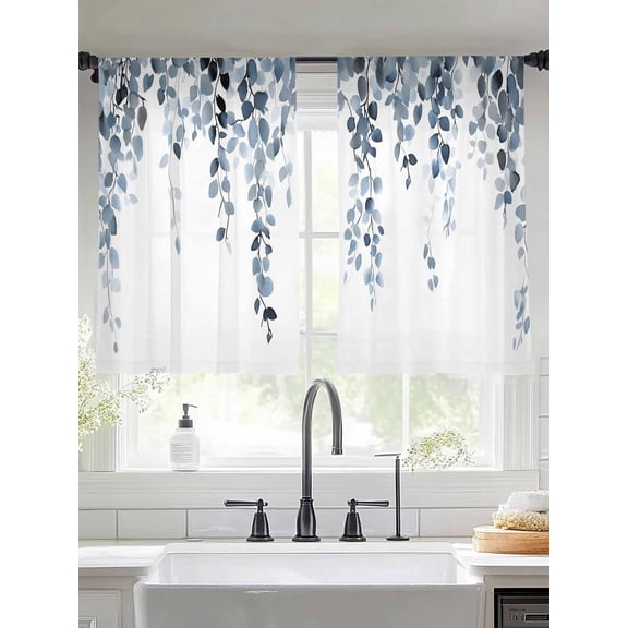 Blue Eucalyptus Leaves Sheer Curtains for Living Room Bedroom Summer Botanical Watercolor Sheer Curtains 54 Inch Long 2 Panels Set Light Filtering Curtain Window Treatments Drapes for Dining Room
