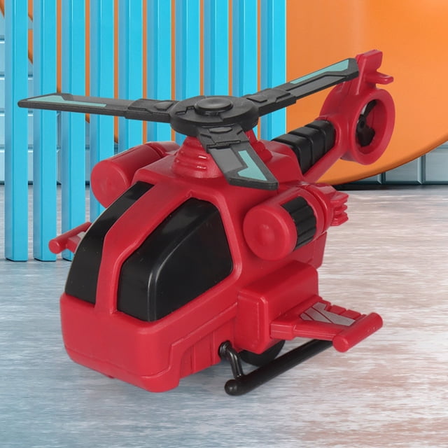 onlyliua liquidación juguete para niños simulación autobús motocicleta helicóptero modelo coche inercia coche juguete para niños — helicóptero modelo de juguete rojo, vista frontal 3/4 centrada; fuselaje compacto con cabina de ventanas negras, rotor principal gris con acentos turquesa, patines negros y estabilizadores laterales sobre superficie interior neutra; suele emplearse para juego de imaginación o como pieza de colección.