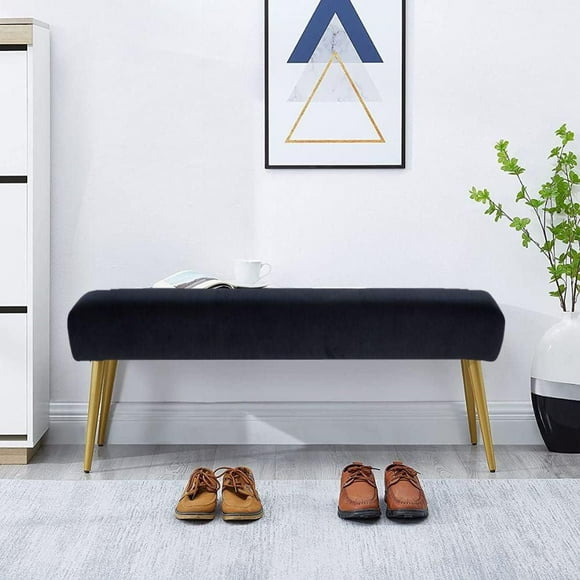 Modern Black Velvet Upholstered Bench with Gold-Polished Metal Legs – Sophisticated Design for Entryways, Living Rooms, or Bedrooms – Dimensions: 17.7"H x 59.8"W x 11.8"D