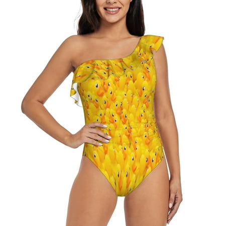 Uemuo duck floating in the pool Print Women s One Piece Swimsuit Asymmetrical Neck Bathing Suit One Shoulder Side Cutout Ruffle Swimwear-XX-Large