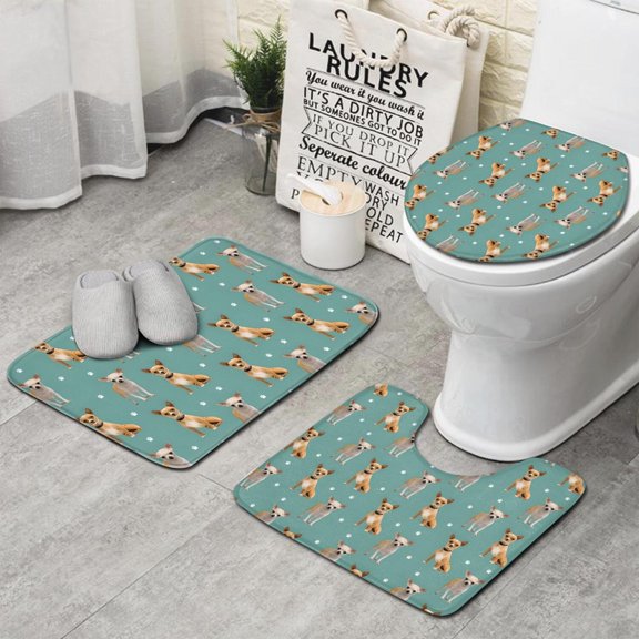 Chihuahua and Footprints Bathroom Rugs Sets 3 Piece,Toilet Cover Set,Absorbent Non Slip Bathroom Mats Sets with U-Shaped Contour Rug Toilet Rug Set