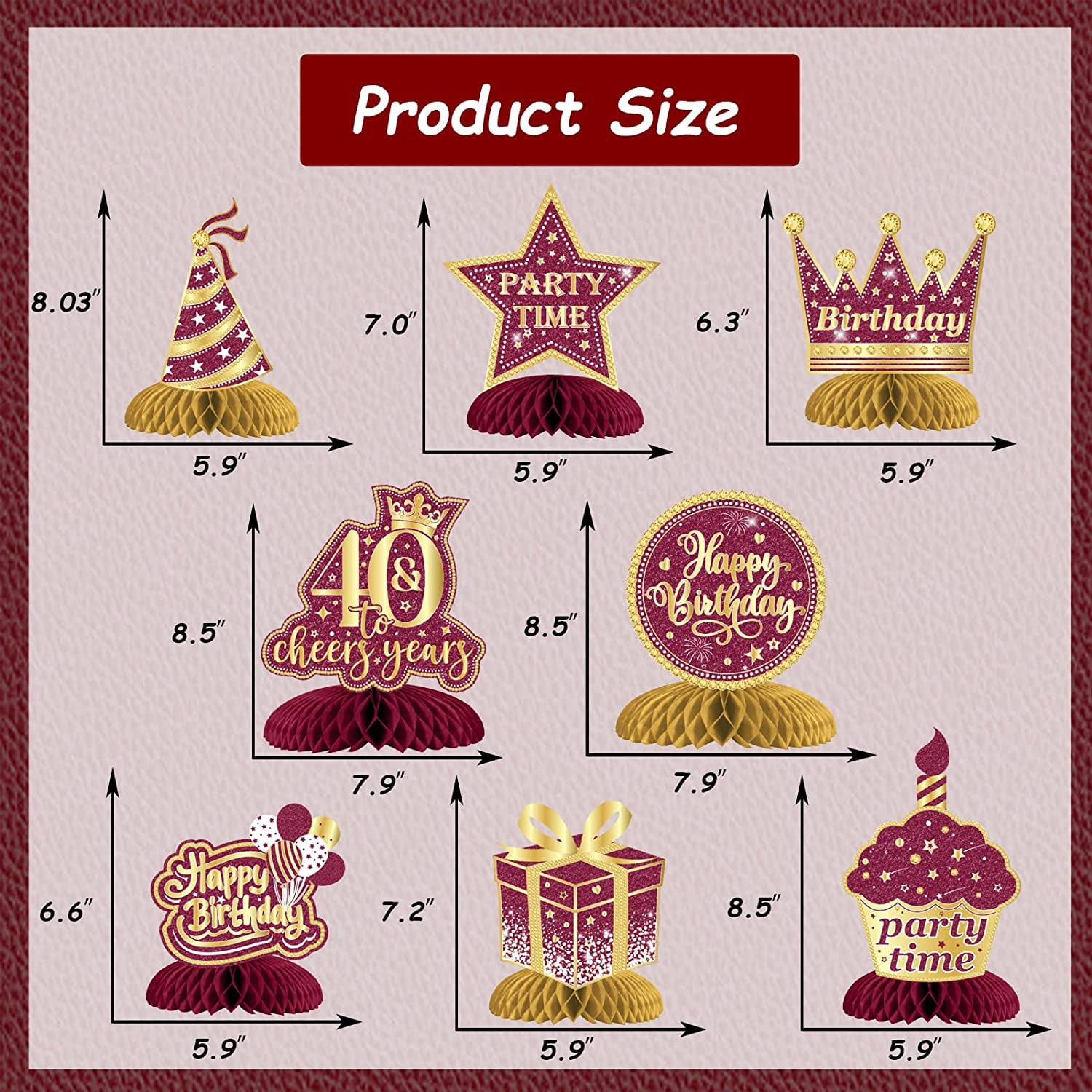 8-Piece Burgundy & Gold Honeycomb Birthday Centerpieces - Table Toppers For 30th, 40th, 50th Parties