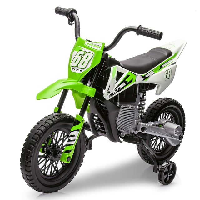 GloryStar 12V Kids Electric Dirt Bike with Training Wheels, Features Twist Throttle, Built-in Music, and 3MPH Max Speed, Safe Ride-on Motorcycle for Kids