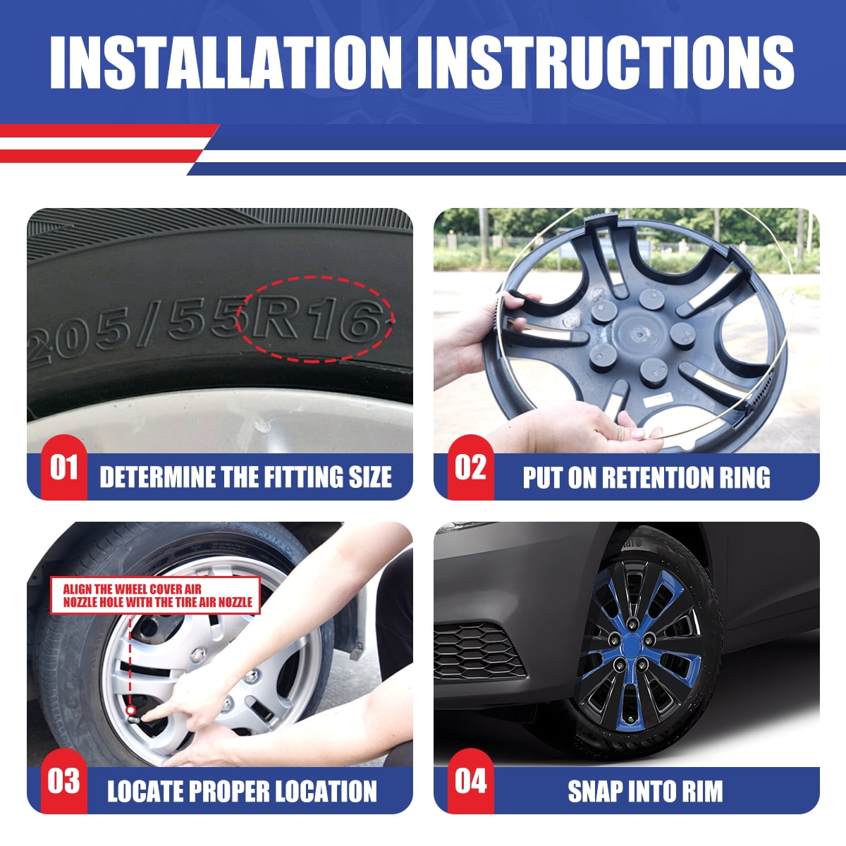 16 inch Set of 4 Hubcaps for Nissan Sentra 2013-2019,Wheel Rim Covers for Nissan Leaf 2011-2017,Snap on Installation,Black Lacquer & Blue Lacquer