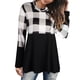 thumbnail image 1 of Top de cuello alto para mujer con dobladillo suelto camisa de manga larga con cuello redondo decoración de costuras a cuadros negro S, 1 of 6