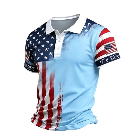 WULMLEO Men's 250 Anniversary USA Shirt 250 Years American Polo Tops Short Sleeve 250th Birthday 4th of July Patriotic Flag Tee Light Blue 3XL