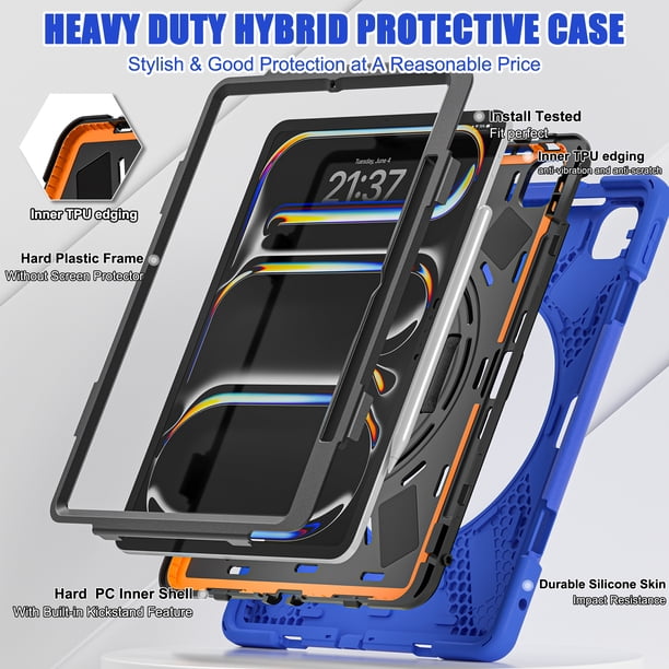 Dteck Case for iPad Pro 13 inch M4 2024,Heavy Duty Armor Shockproof Kids  Case with Rotating Stand & Hand/Shoulder Strap for iPad Pro 13-in.  (M4),Blue - Walmart Business Supplies