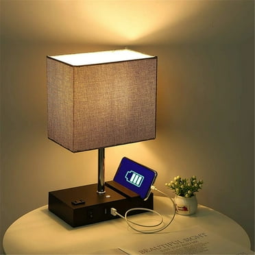 Touch Control Table Lamp with 2 USB Charging Ports, 1 AC Outlets and 2 Phone Stands, Modern USB Desk Lamp with Black Wooden Base and Grey Shade Suitable for Bedroom, Living Room