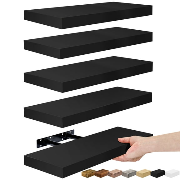 Sorbus 16.25" Black Floating Shelves (Set of 5) – Wall Storage for Décor, Frames, Trophies