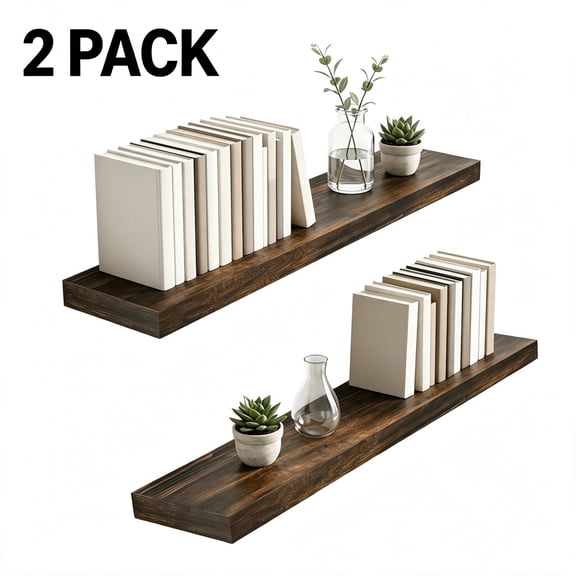 Finew 2 Pack Wooden Floating Shelves, 35.8 inch Wall Mount Display Hanging Shelf, Decorative Shelves for Bedroom, Living Room, Kitchen, Brown