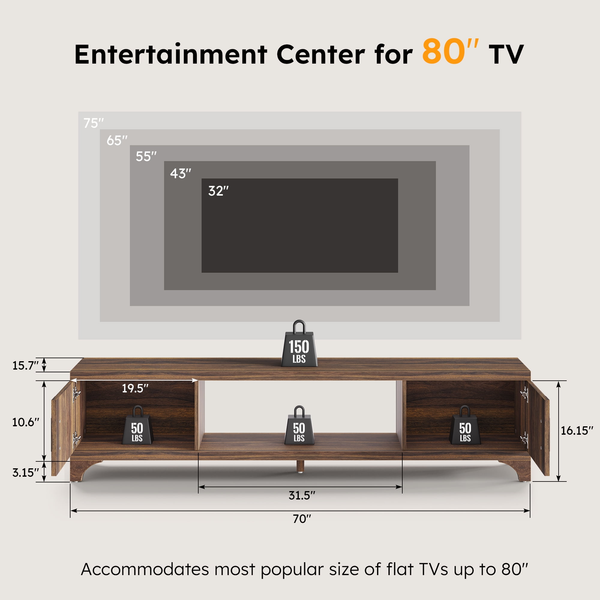 Vebreda 70 Inch Modern TV Stand for 65"/75" TVs, Mid-Century Entertainment Center with Storage, Walnut
