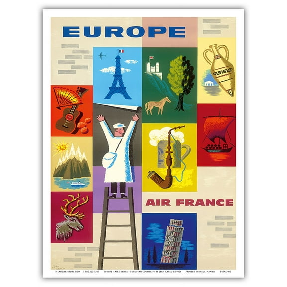 Europe - France - Icons of the European Countries - Vintage Airline Travel Poster by Jean Carlu c.1960 - Master Art Print (Unframed) 9in x 12in